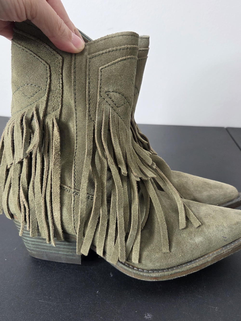 Free People Lawless Fringe Western Ankle Boots Olive Green Suede - Picture 5 of 11